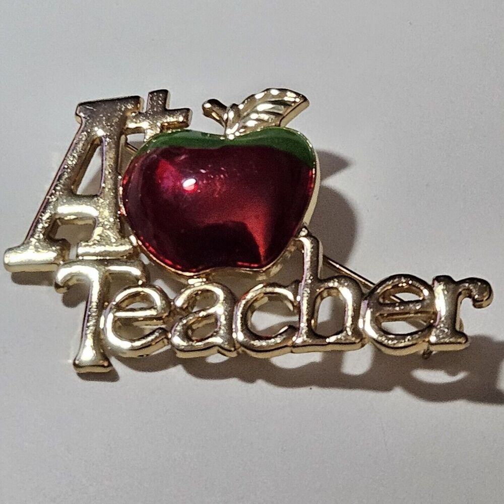 Vintage DANECRAFT Gold tone Red Enamel A+ Teacher Apple Brooch Pin